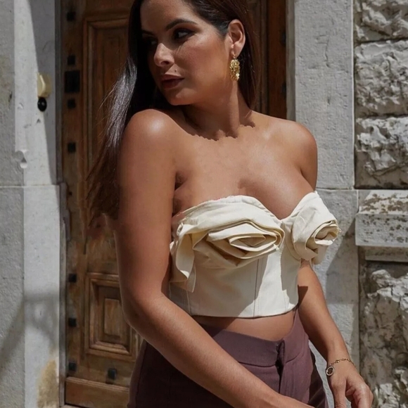 ZARA LIMITED EDITION sz medium FLORAL Strapless BUSTIER SAND/Beige TOP - Picture 2 of 7